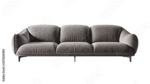 Foto Isolated stylish contemporary grey fabric sofa with three seat cushions and roun