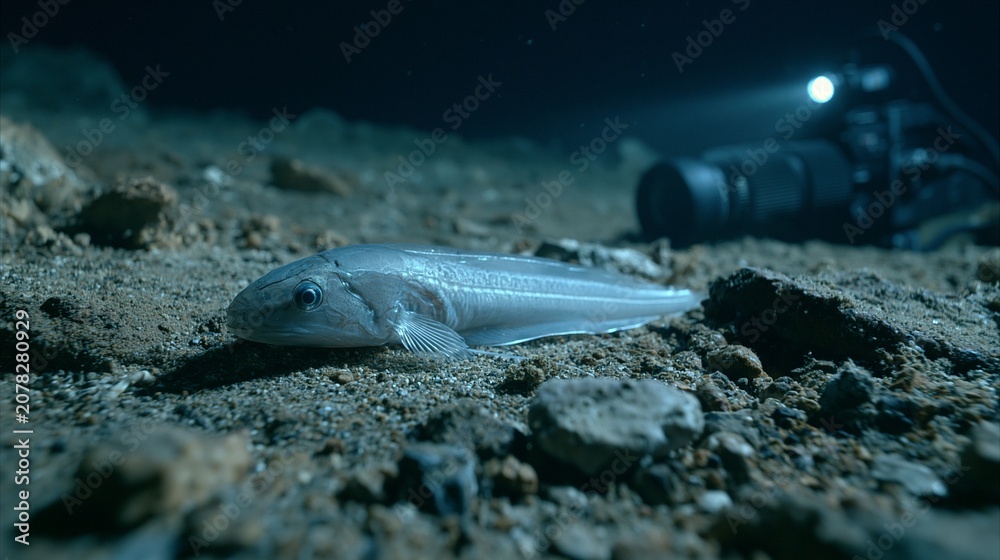 Fototapeta premium A translucent deep-sea snailfish gliding over a rocky ocean floor beside a research camera, quiet mood, dim blue lighting, low-angle composition.