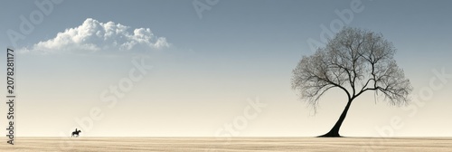 Scenic open meadow with lush grass, blue skies, drifting clouds, and a rider crossing the landscape.