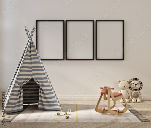 Minimalist children room interior with striped play teepee, blank wall frames, soft rug, wooden rocker toy, plush animal dolls, and gentle neutral decor in calm natural light