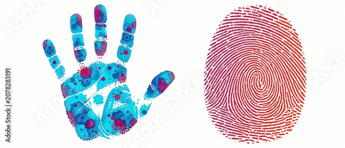 A colorful digital illustration showing a blue handprint with virus-like particles and a red fingerprint beside it.