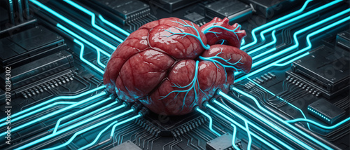 A realistic human heart integrated with glowing blue circuit lines on a microchip, symbolizing the fusion of biology and technology.
