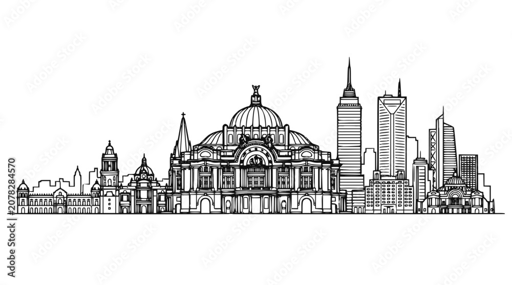 Obraz premium Mexico City Skyline Panorama Hand Drawn Sketch Illustration with Palacio de Bellas Artes