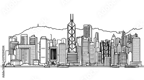 Hong Kong Skyline Vector Line Art Victoria Harbour Cityscape Illustration