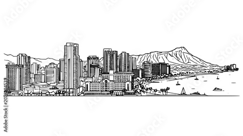 Honolulu Hawaii Skyline Sketch - Waikiki Beach and Diamond Head Hand Drawn Illustration