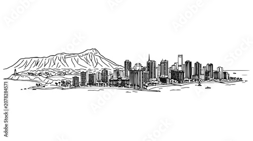 Honolulu Skyline and Diamond Head Hand Drawn Sketch Vector Illustration