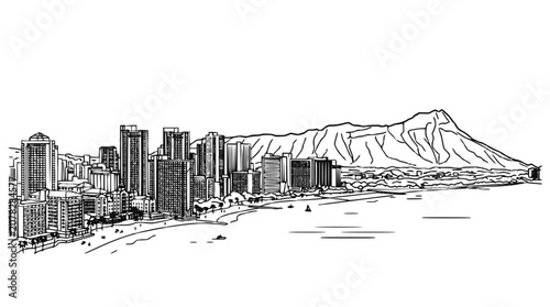 Honolulu Skyline and Diamond Head Crater Sketch, Waikiki Beach Hawaii Coastal Line Art Illustration