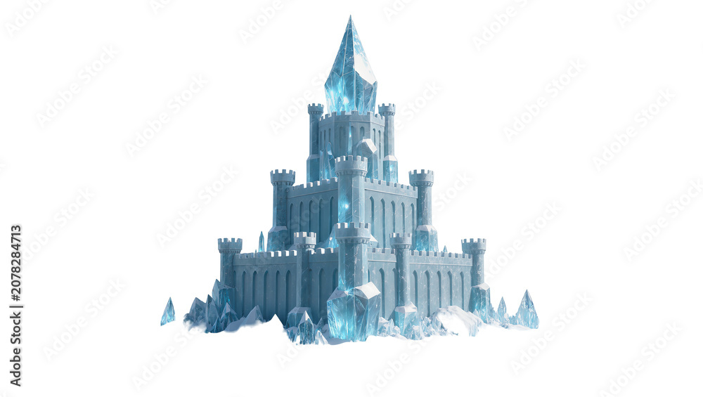 Obraz premium Isolated magnificent fantasy ice castle with towering glowing blue crystal and frozen architecture