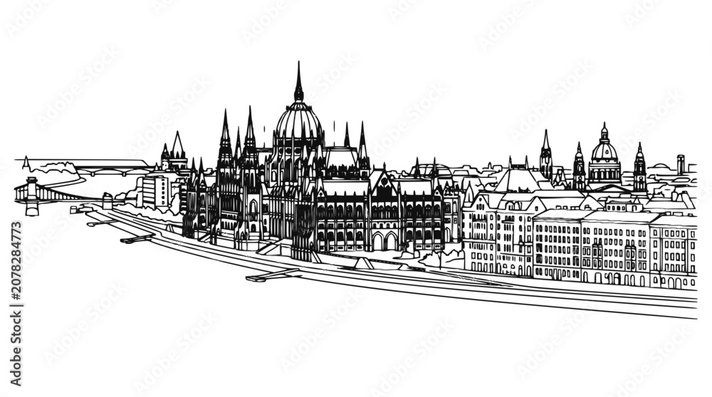 Obraz premium Budapest Cityscape Hand Drawn Sketch with Parliament Building and Danube River Waterfront