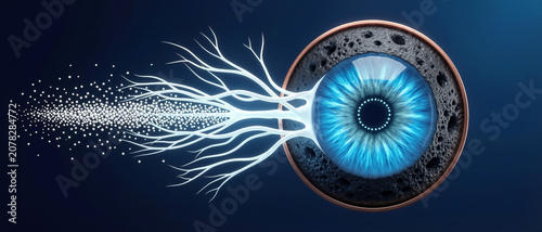 A digital illustration of a blue human eye with white neural-like branches extending outward, symbolizing connectivity and vision.