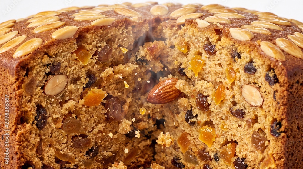 Fototapeta premium Traditional Scottish Dundee cake cross section filled with raisins and topped with blanched almonds