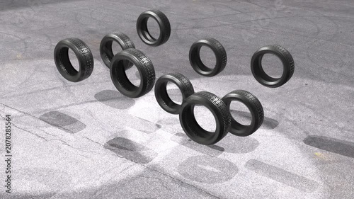 3D animation of six new tires without rims featuring photorealistic tread patterns, continuously bouncing with realistic physics on a highly detailed asphalt surface with realistic tire marks.