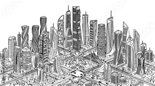 Isometric Futuristic City Sketch with Modern Skyscrapers and Urban Infrastructure Illustration