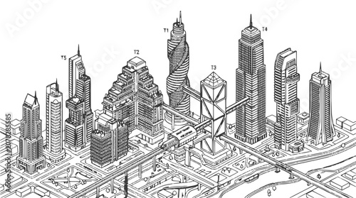 Isometric Futuristic City Sketch with Modern Skyscrapers and Urban Infrastructure