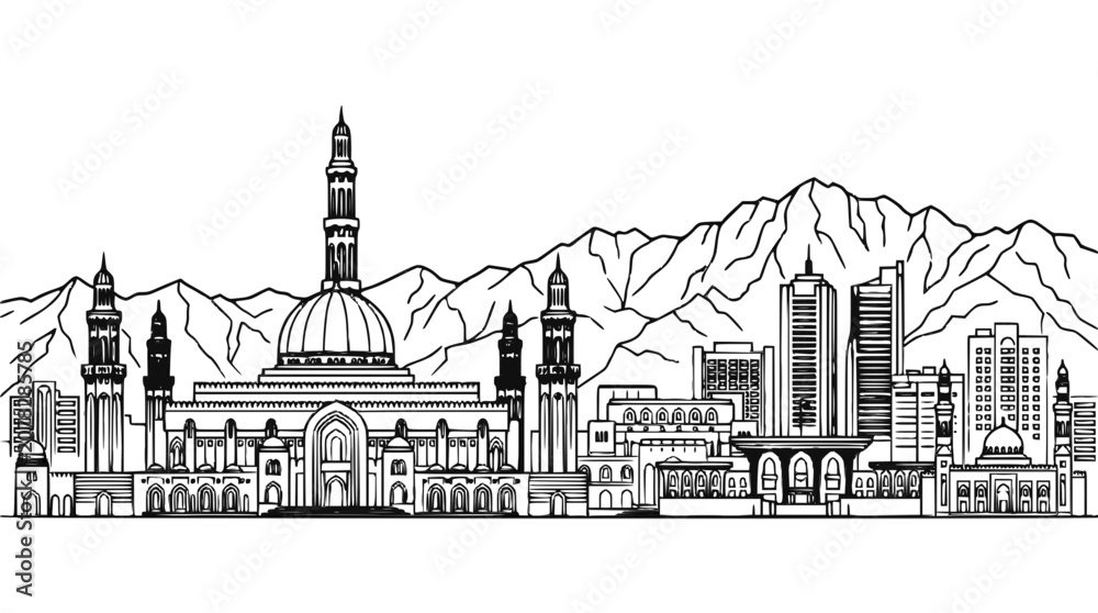 Naklejka premium Muscat City Skyline Sketch with Grand Mosque and Hajar Mountains Landscape