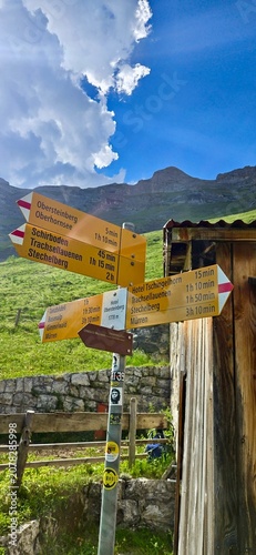 A traditional yellow directional signpost points toward Obersteinberg, Mürren, and Stechelberg against a backdrop of green mountain slopes and a blue sky with white clouds in the Swiss Alps.