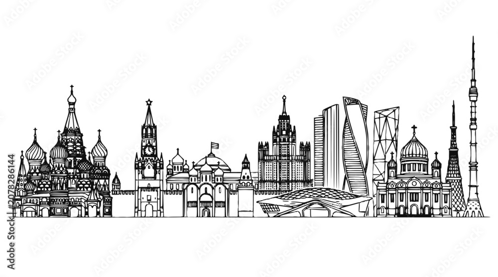 Fototapeta premium Moscow Skyline Panorama Hand Drawn Line Art Illustration of Famous Russian Landmarks