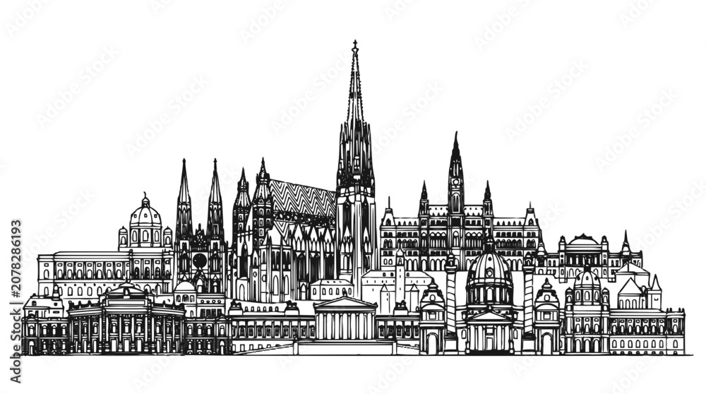 Fototapeta premium Vienna Austria City Skyline Hand Drawn Ink Sketch Illustration
