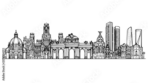 Madrid Skyline Hand Drawn Illustration, Spanish Landmarks Cityscape Sketch on White Background