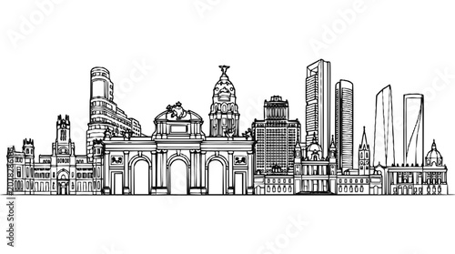 Madrid Skyline Landmarks Line Art Illustration Hand Drawn Cityscape Vector