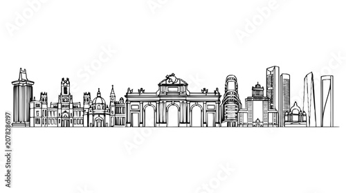 Madrid Skyline Line Art Illustration, Minimalist Spanish City Landmarks Vector Profile