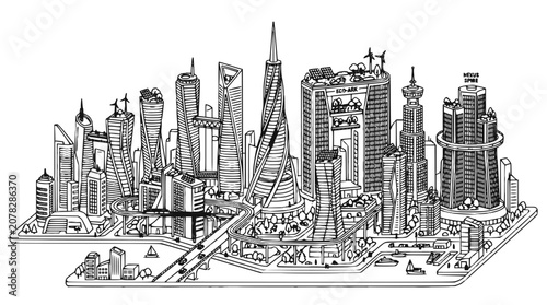 Eco-Friendly Futuristic Smart City Sketch with Sustainable Skyscrapers and Renewable Energy