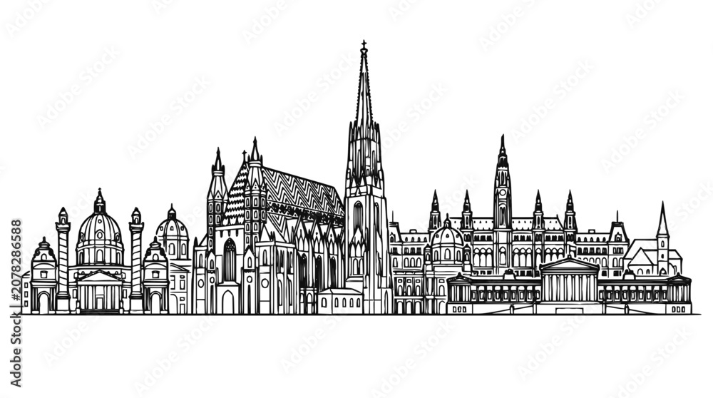 Fototapeta premium Vienna Skyline Line Art Sketch - Historic Austrian Landmarks and Architecture Illustration
