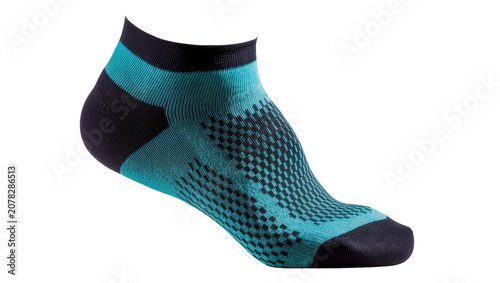 Isolated black and teal low-cut sport sock featuring a woven pattern for performance footwear