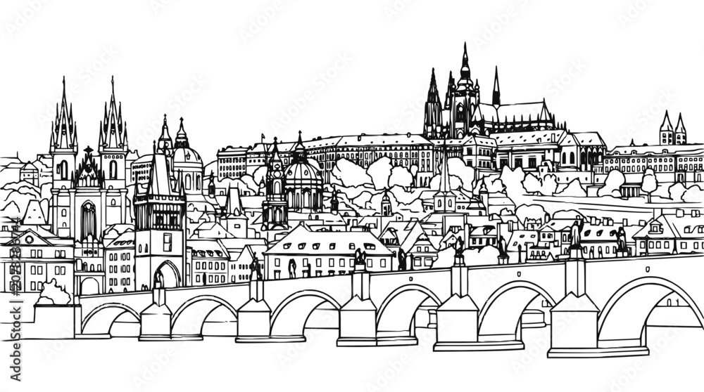 Fototapeta premium Prague Cityscape Hand Drawn Illustration with Charles Bridge and Castle Skyline Sketch