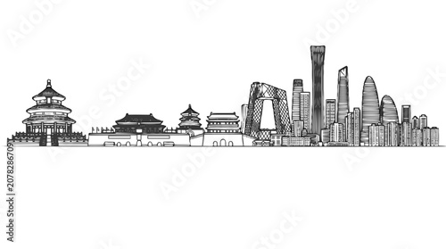 Beijing Skyline Hand Drawn Vector Illustration Sketch with Modern Skyscrapers and Ancient Pagodas