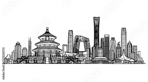 Beijing Skyline Hand Drawn Vector Illustration Sketch with Pagoda and Modern Skyscrapers
