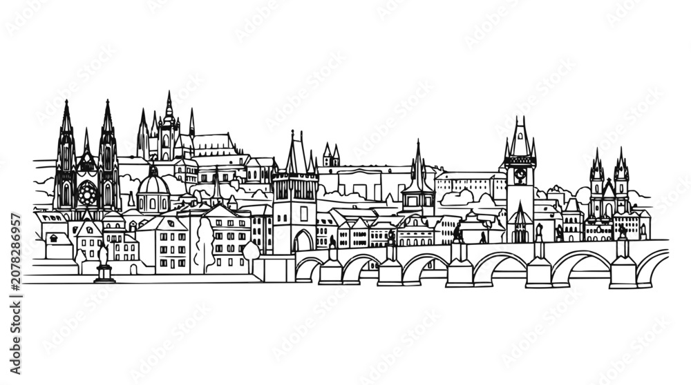 Fototapeta premium Prague Skyline Panorama Hand Drawn Sketch with Charles Bridge and St Vitus Cathedral