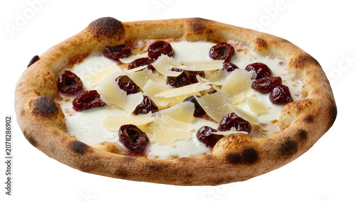 Bild auf Leinwand Isolated delicious Neapolitan pizza with sweet cherries, creamy cheese, and a cr