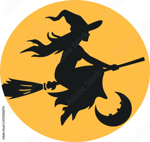 Konstfotografi Spooky Halloween Witch Silhouette Flying on a Broomstick Against a Large Yellow