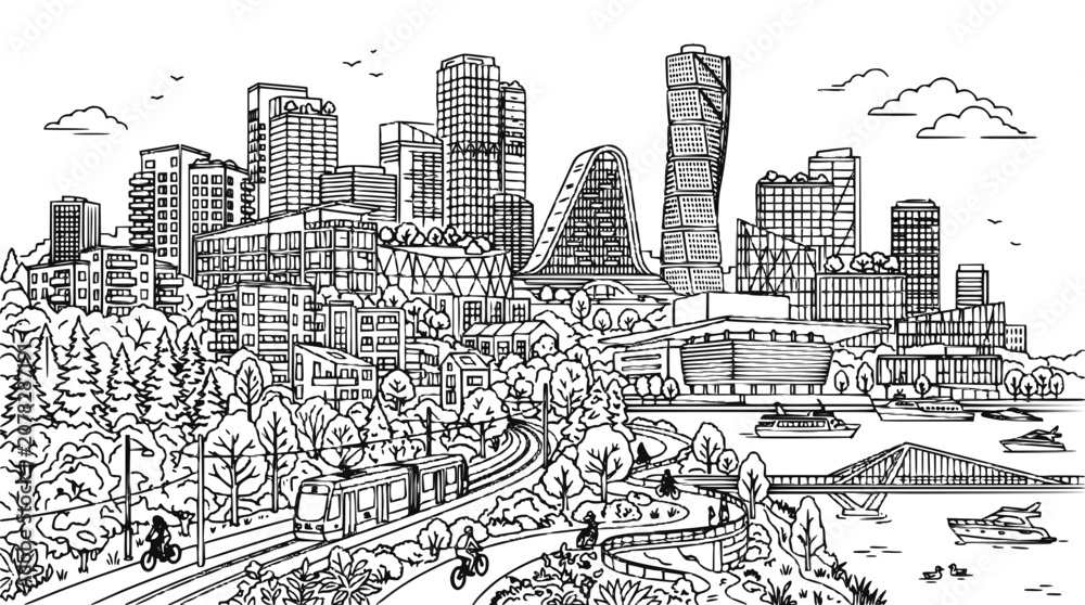 Obraz premium Modern City Skyline Hand Drawn Line Art Illustration with Skyscrapers Tram and Waterfront