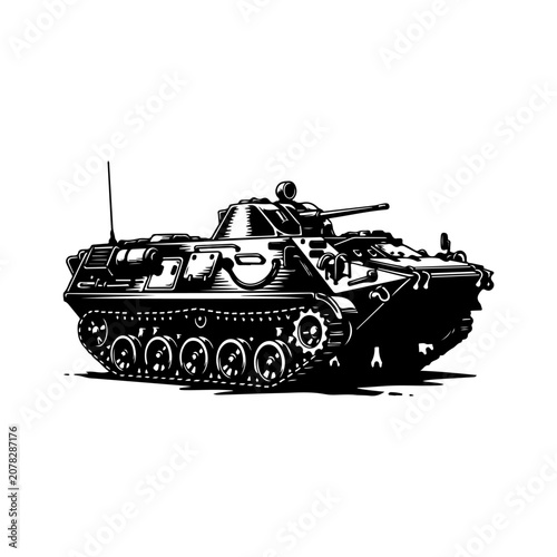 Illustration of a military armored personnel carrier in black and white.