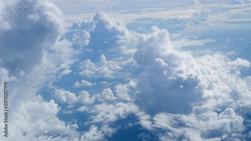 4K Motion landscape sky Aerial view summer tropical blue sky fluffy white cloud summertime sunny day cloudscape. Cumulus blue skyline spring sunlight climate background. Heaven environment
