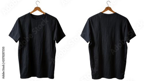 Konstfotografi Isolated two black blank casual t-shirts on wooden hangers, displaying front and back