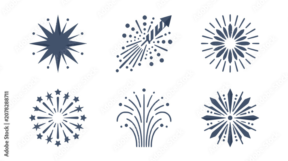 Obraz premium Minimalist vector graphic illustration collection featuring six unique firework designs with star shapes and light bursts for festive creative projects