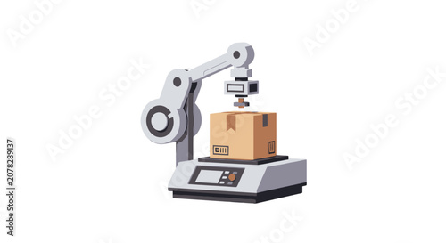 Industrial robotic arm weighing a package.