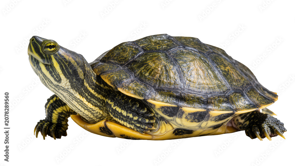 Obraz premium Isolated beautiful red-eared slider turtle, a freshwater reptile with patterned shell.