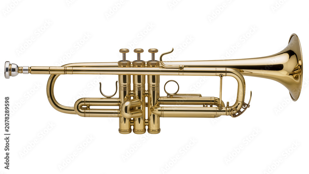 Obraz premium Isolated golden brass trumpet, classic musical instrument for jazz and classical music.