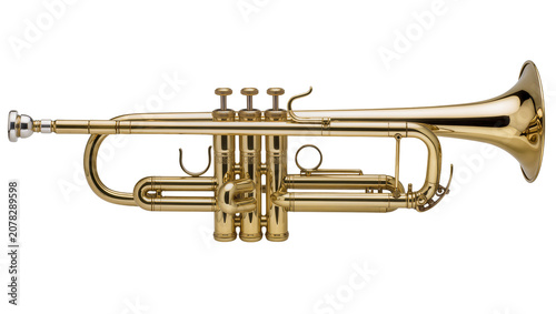 Isolated golden brass trumpet, classic musical instrument for jazz and classical music.