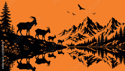 Photography Mountain Goat Family Silhouette Landscape Vector Art - Majestic Alpine Wildernes