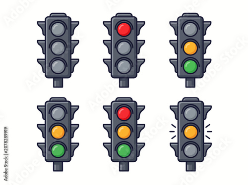Traffic Light Vector Icon Set Showing Red, Yellow and Green Signal Light States for Road Safety