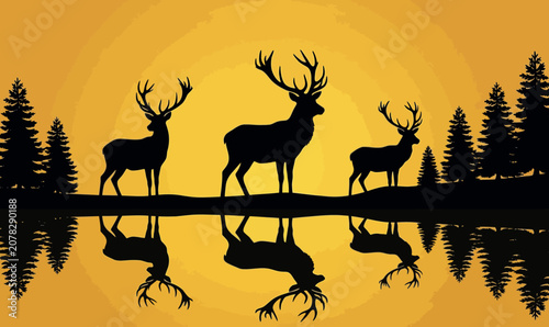Photography Majestic Stags Silhouetted Against a Golden Sunset with Water Reflection and Evergreen Pine Trees - Wild Deer in Nature Landscape Vector Art Illustration for Scenic Outdoor Backgrounds