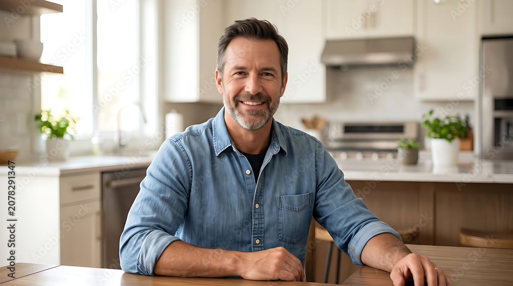 Fototapeta premium Smiling Mature Man Sitting at Kitchen Table in Modern Home Interior, Confident Middle Aged Male Portrait Showing Happiness, Comfort, Lifestyle and Everyday Living