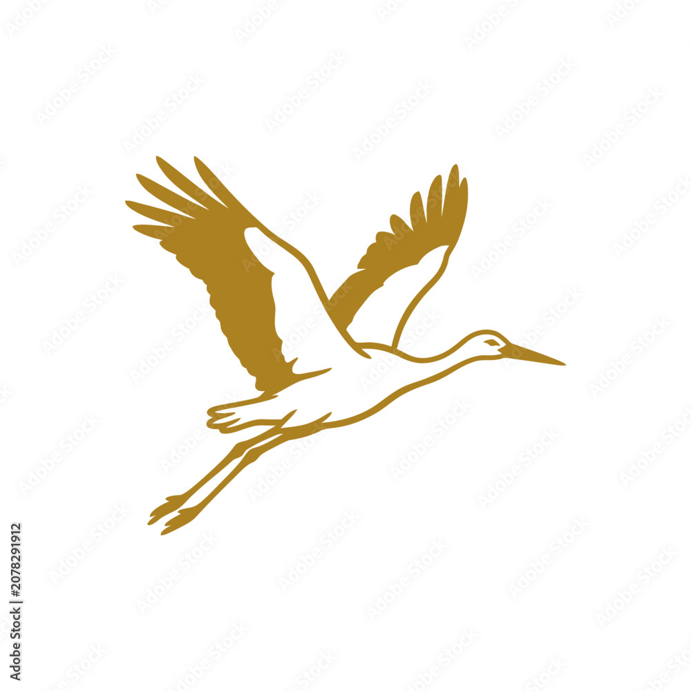 Fototapeta premium Mustard gold stork bird flight silhouette graphic.
