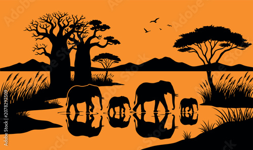 Photography African Savanna Sunset Silhouette Vector Illustration featuring an Elephant Herd