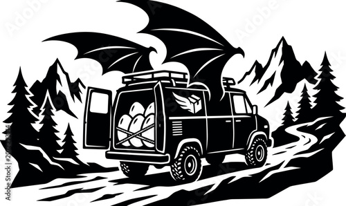 Obraz na plátně Fantasy delivery van with dragon wings transporting giant eggs through a mountain forest landscape